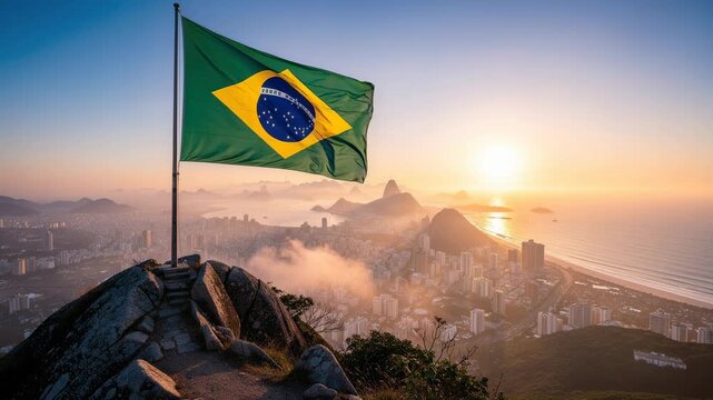 Brazilian flag waving over Rio de Janeiro cityscape with sunrise and mountains in the background