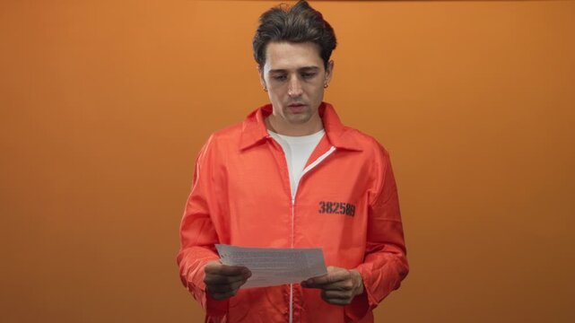Man in orange jumpsuit reads a printed sheet, both hands holding the document, downward gaze against an orange studio wall; remorse reflection.