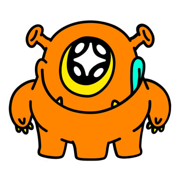 Cute outlined cartoon icon of a one-eyed orange hungry fat monster with a playful and quirky style