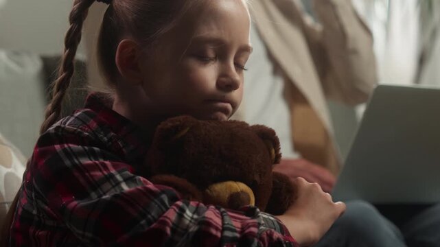 Caucasian family at home father work laptop sad little girl hugging teddy bear dad working online frustrated offended upset lonely daughter toy child suffering ignorance attention deficit bored kid