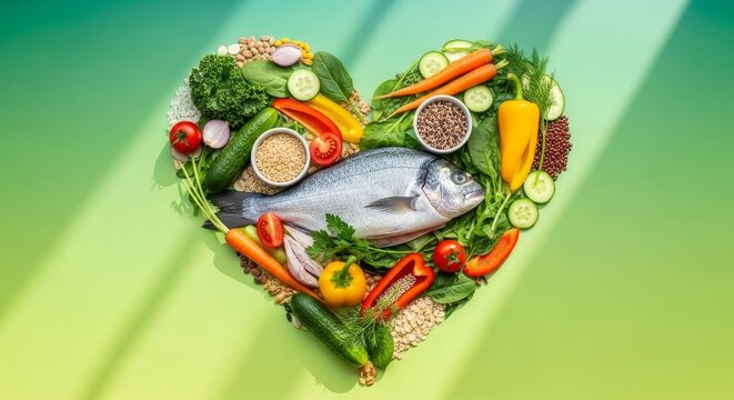 Healthy food heart with fish and vegetables.