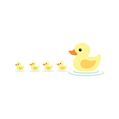 Fototapeta premium Two yellow rubber ducks are fun plastic baby bath toys isolated on white, featuring a cute cartoon bird design with orange beaks for childhood water play