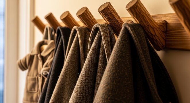 Brown coats hanging on wooden hooks.