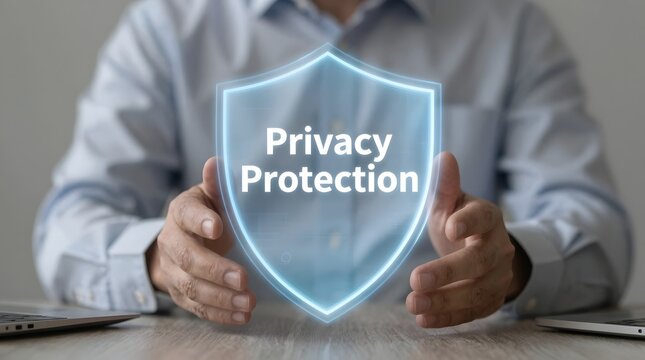 Highlighting digital privacy and robust data security measures with a glowing shield held by a professional, symbolizing paramount online protection for sensitive and confidential information