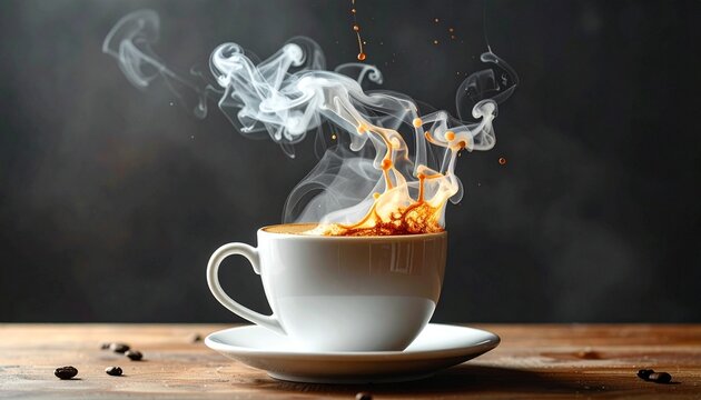 Steaming Coffee's Temptation: A close-up shot of a steaming cup of freshly brewed coffee, its rich aroma and swirling vapor rising enticingly against a dark, moody background.