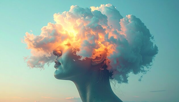 Mindscape: An artistic rendering of a person's profile, with clouds enveloping the head, evoking thoughts, imagination, and a sense of wonder.