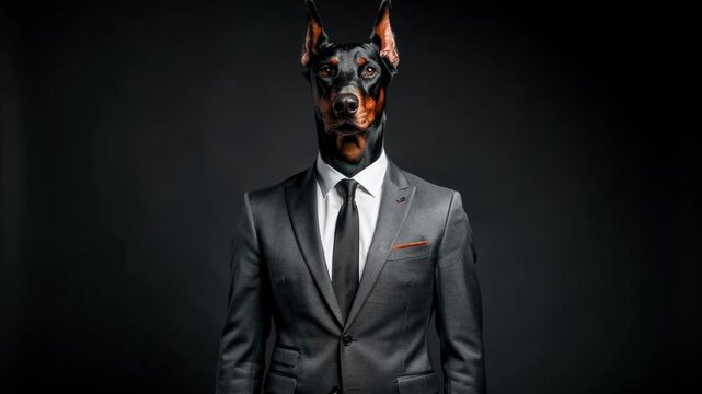 Doberman dog wearing a gray business suit and tie against dark background