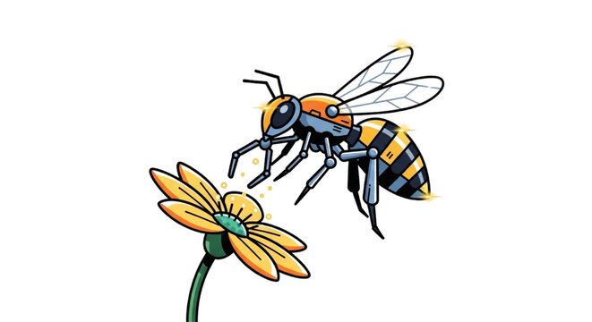 Stylized robotic drone bee pollinating a yellow flower symbolizing futuristic smart agriculture technology and environmental engineering