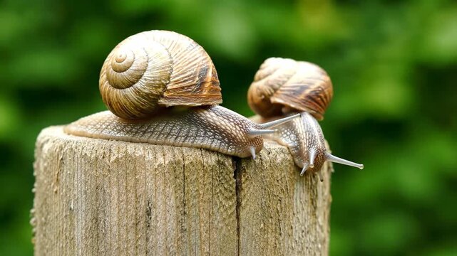 Snails on wooden posts in garden.