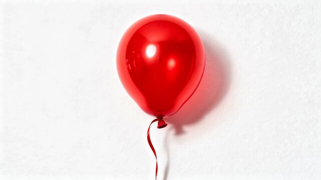 Bright red balloon floating against a white textured wall background with shadow