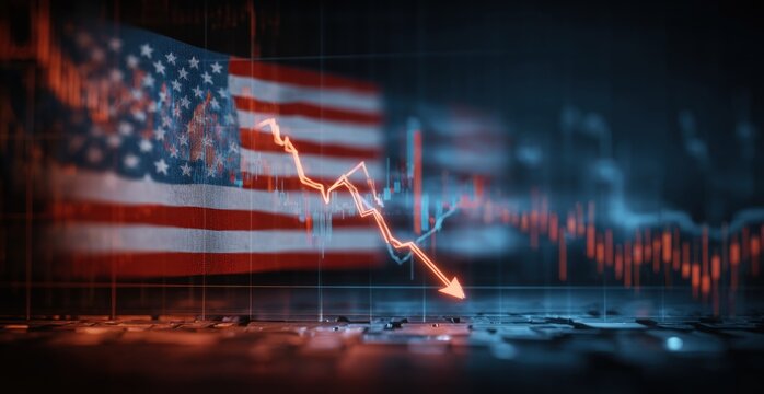 A digital representation of declining stock trends overlayed with the American flag, symbolizing economic challenges in the U.S.