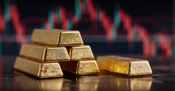 A stack of shiny gold bars on a reflective surface, with a financial graph displaying fluctuating trends in the background.