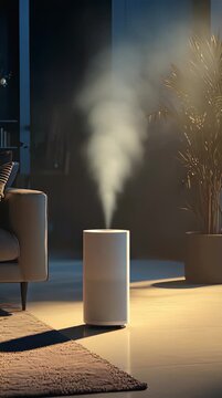 Modern white humidifier releasing mist in cozy living room at night.