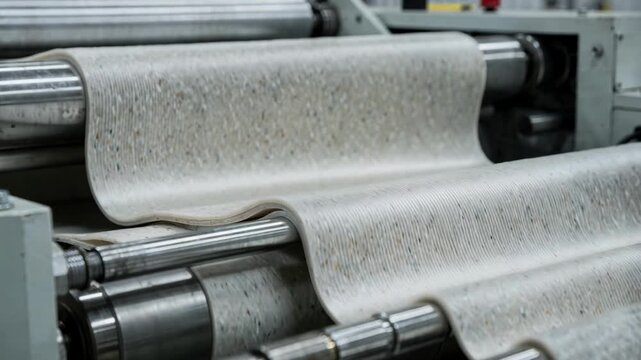 Medium shot of opaque recycled film extrusion highlighting durability and versatility of plastic sheets manufactured using recycled postconsumer resin materials.