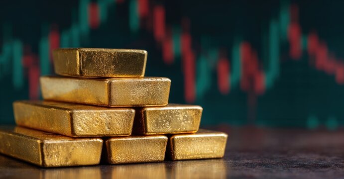 A close-up of gold bullion bars stacked on a surface, with a background of fluctuating financial market graphs in red and green.