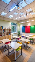 Naklejka premium A photo of a clean classroom interior with desks neatly arranged and colorful bulletin boards hanging on the walls