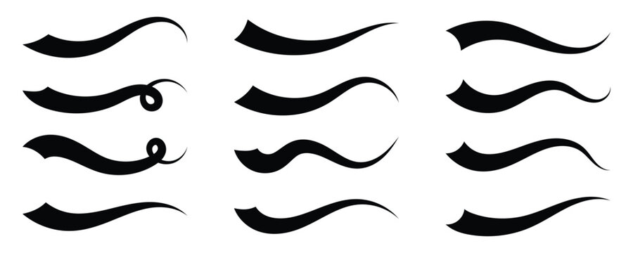 Swoosh tails collection, featuring retro sports underline black curly shapes, baseball text tails, and vector swooshes isolated on white background. Vintage swish shapes and brush strokes. Eps10