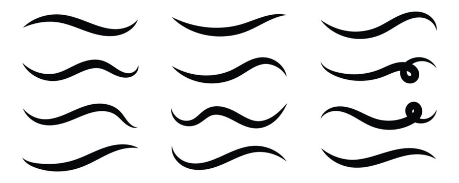 Swoosh tails collection, featuring retro sports underline black curly shapes, baseball text tails, and vector swooshes isolated on white background. Vintage swish shapes and brush strokes. Eps10