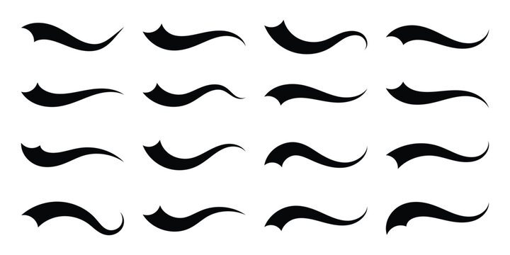 Swoosh tails collection, featuring retro sports underline black curly shapes, baseball text tails, and vector swooshes isolated on white background. Vintage swish shapes and brush strokes. Eps10