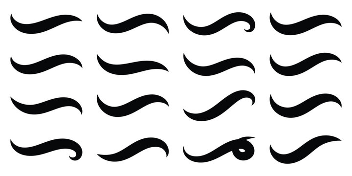 Vector black swash swoosh tails flourish design elements. Curly swish tails and sporty plume swirl logo vector elements for retro banners. Hand drawn swoosh elements, and swoop underline. Eps10