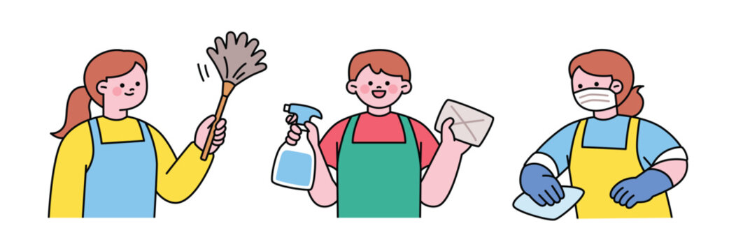 People cleaning with dusters and mops. Cute character with a round face. Upper body illustration.