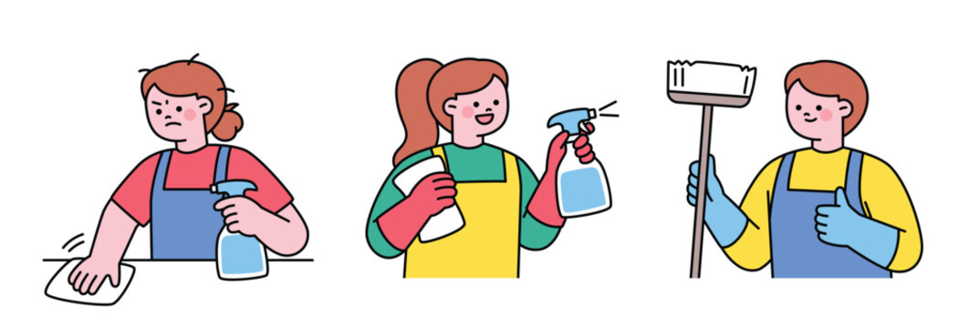 People cleaning with cleaning detergent and mops. Cute character with a round face. Upper body illustration.