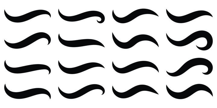 A set of dynamic curved black swoosh tail elements. Baseball of football swoosh text tails in retro styles. Sporty swash strokes for vintage typography and font design. Vector illustration. Eps10