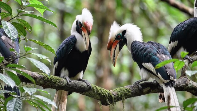 Two Whitecrowned Hornbills Perched on a Branch in a Lush Forest.