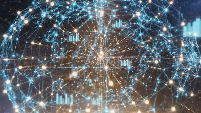 Abstract digital network sphere with glowing connections and data charts representing global connectivity