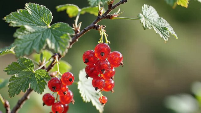 Closeup of ripe red currants hanging from a branch in sunlight.
