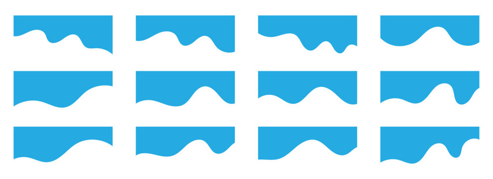 A set of modern blue wavy shape dividers for website headers and footers. Vector illustration of abstract curved separators isolated on white background. Eps10