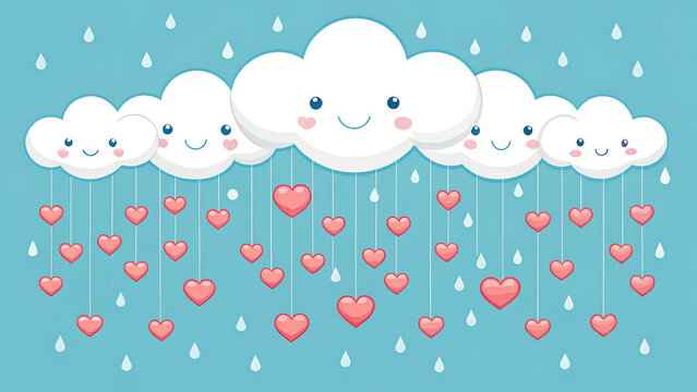 Smiling white clouds raining pink hearts on blue sky background