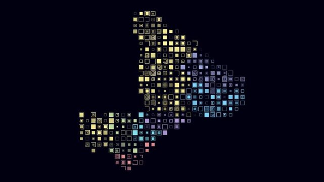 Mali animated country shape. Pulsating colored dots on the map of the country. Large size square blocks. Digital style Mali map on dark background. Amazing animation video.