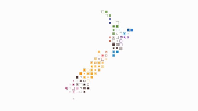 New Zealand animated country shape. Pulsating colored dots on the map of the country. Large size square blocks. Digital style New Zealand map on white background. Classy animation video.