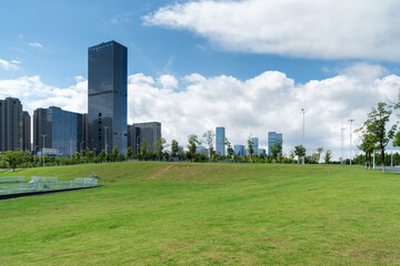 Obraz premium city park with modern building background in shanghai