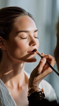 Close-up of woman having makeup applied with brush on lips.