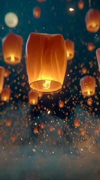 Glowing orange sky lanterns floating in the night sky with bokeh lights.