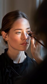 Young woman having makeup applied by a professional artist.