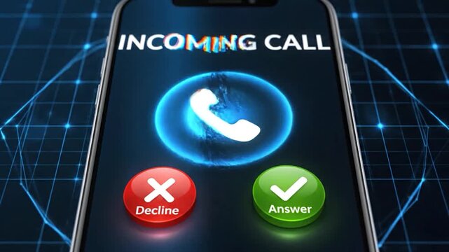 A digital screen displays an incoming call notification with options to accept or decline the communication