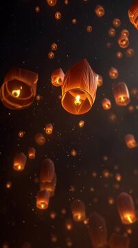 Night sky filled with glowing floating paper lanterns during festival celebration.