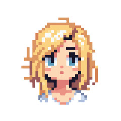 Fototapeta premium Cute pixel art anime style avatar of a blonde-haired girl character with a soft expression, perfect for gaming profiles or digital icons