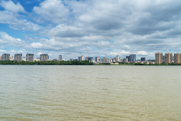 Naklejka premium Lakeside modern office building in China