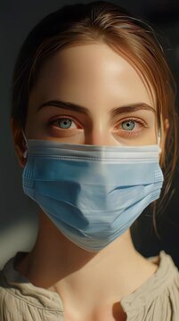 Close-up portrait of young woman wearing a protective face mask in soft natural light.