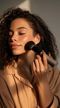 Young woman applying makeup with brush in natural light.
