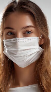 Close-up portrait of young woman wearing white protective face mask.