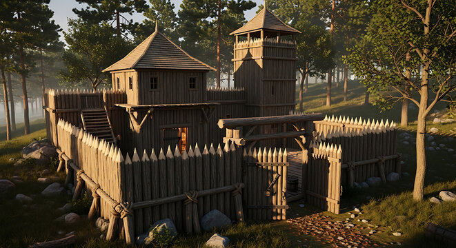 a wooden fort with towers and fence.
