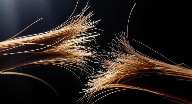 Split ends of damaged hair strands.