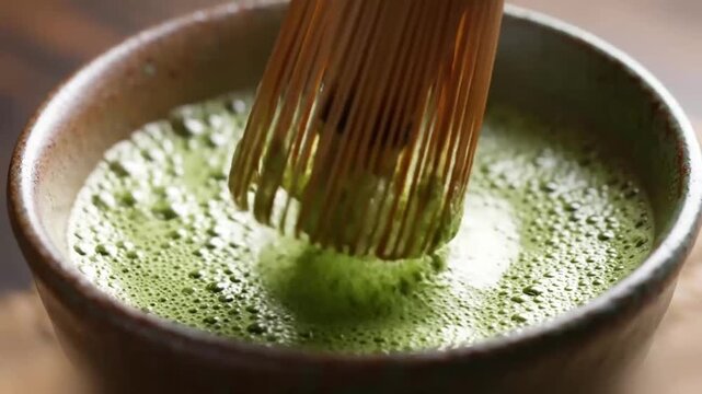 Traditional matcha preparation with bamboo whisk stirring green tea in ceramic bowl with smooth texture