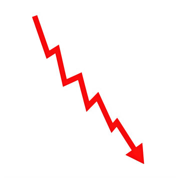 A bright red jagged arrow pointing downwards representing a sharp decline or negative economic trend isolated on white background