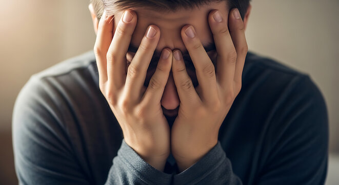 A man covering his face with his hands expressing sadness or despair.